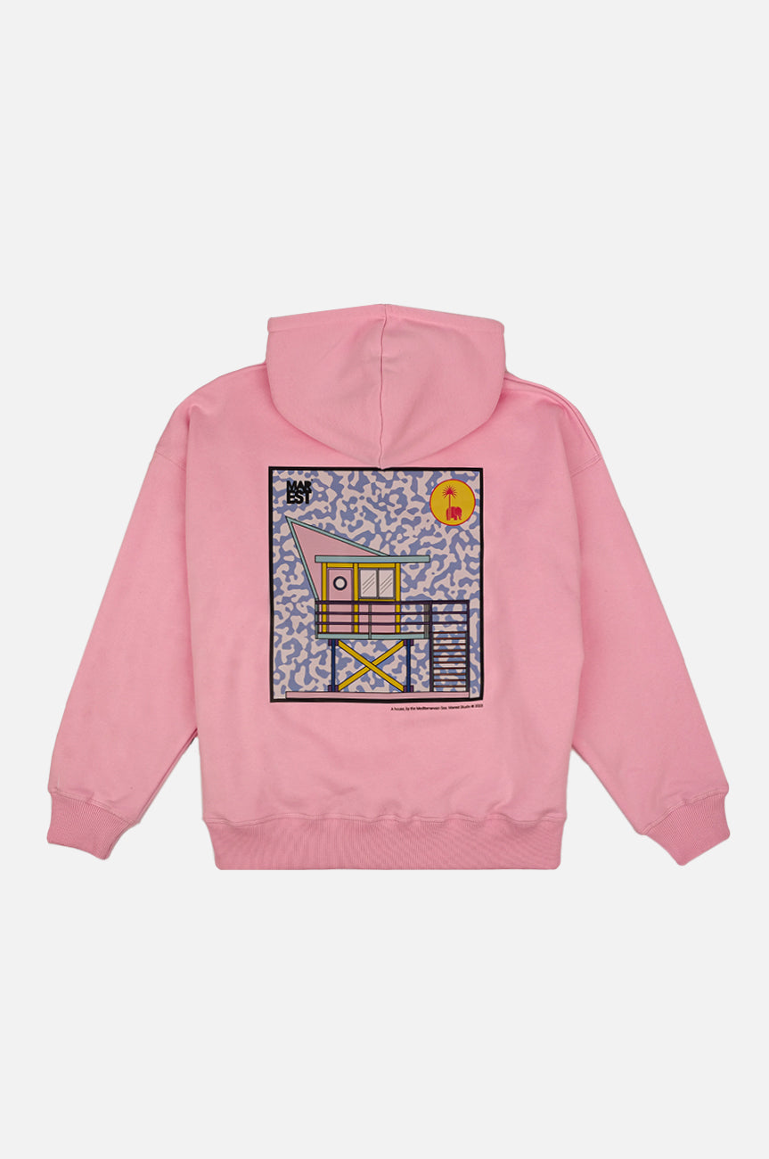 Vue arrière d'un hoodie oversize pour femme Antonyo Marest x Trendsplant en Gum Pink, avec un graphisme coloré au dos. | TP_IMAGE_TYPE=MODEL_BACK