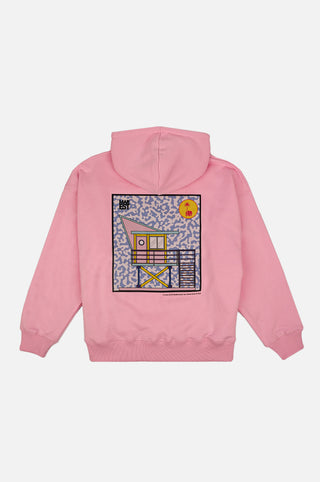 Vue arrière d'un hoodie oversize pour femme Antonyo Marest x Trendsplant en Gum Pink, avec un graphisme coloré au dos. | TP_IMAGE_TYPE=MODEL_BACK