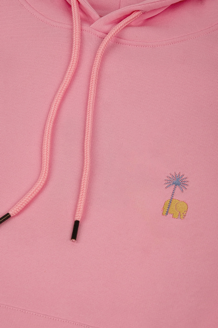 Détail en gros plan du motif imprimé éclatant du Sweat à capuche oversize Femme Antonyo Marest x Trendsplant en Gum Pink. | TP_IMAGE_TYPE=DETAIL