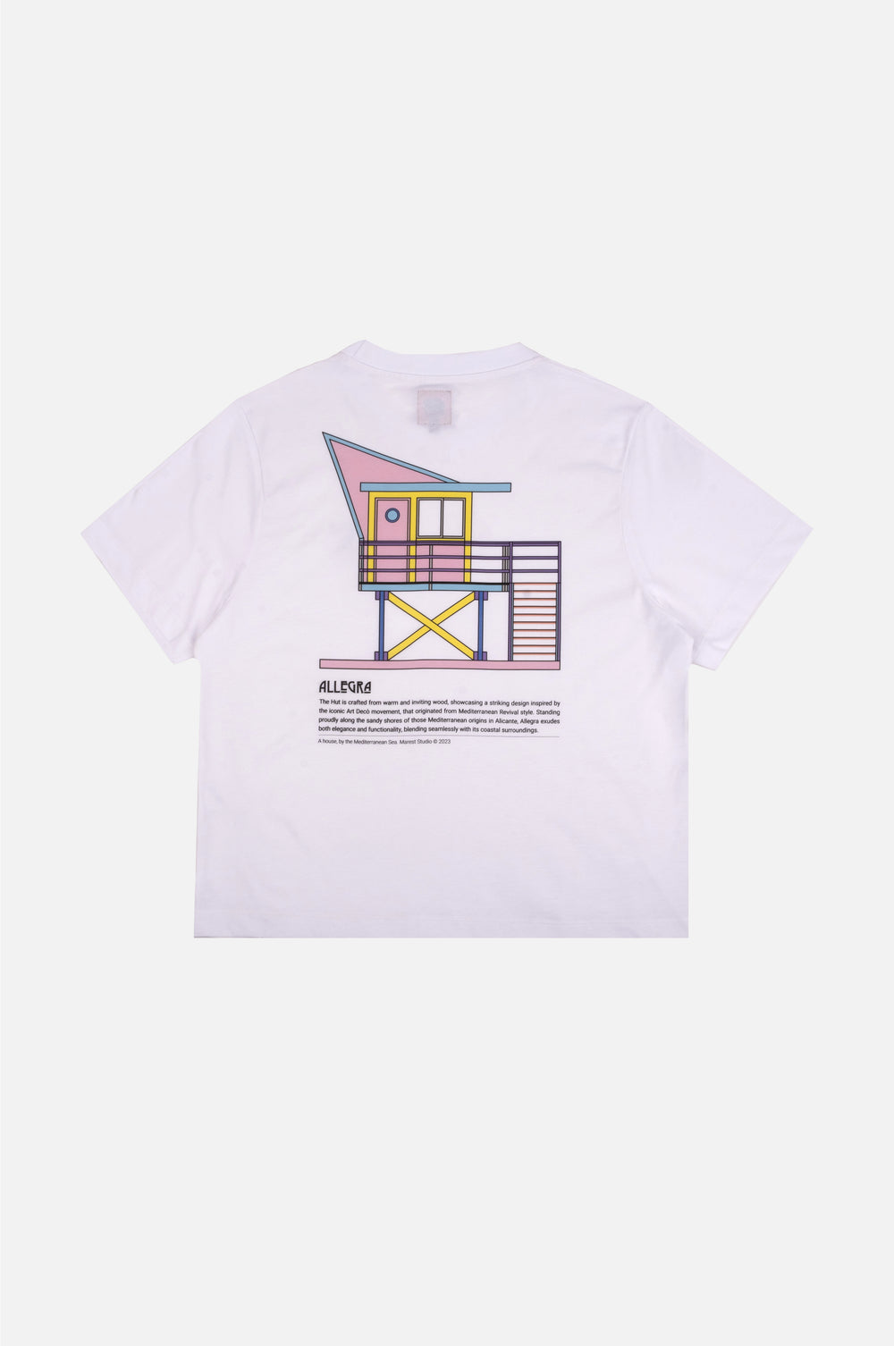 Back view of Women's Allegra Hut T-Shirt in white showcasing a colorful graphic design | TP_IMAGE_TYPE=MODEL_BACK