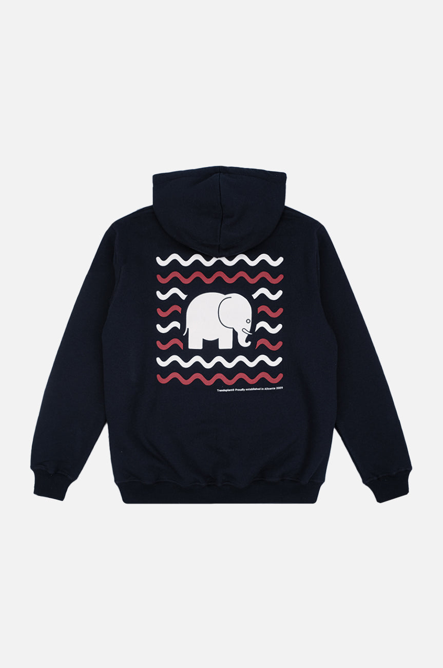 Vue arrière d'un hoodie Explanada Organic bleu avec un motif d'éléphant ludique | TP_IMAGE_TYPE=MODEL_BACK