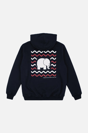Vue arrière d'un hoodie Explanada Organic bleu avec un motif d'éléphant ludique | TP_IMAGE_TYPE=MODEL_BACK