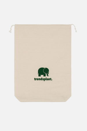 Sac cadeau en coton de couleur naturelle avec un logo éléphant vert et une fermeture à cordon coulissant. | TP_IMAGE_TYPE=SILHOUETTE_FRONT