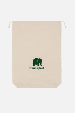 Sac cadeau en coton de couleur naturelle avec un logo éléphant vert et une fermeture à cordon coulissant. | TP_IMAGE_TYPE=SILHOUETTE_FRONT