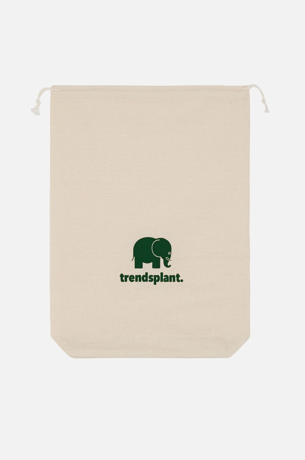 Sac cadeau en coton de couleur naturelle avec un logo éléphant vert et une fermeture à cordon coulissant. | TP_IMAGE_TYPE=SILHOUETTE_FRONT