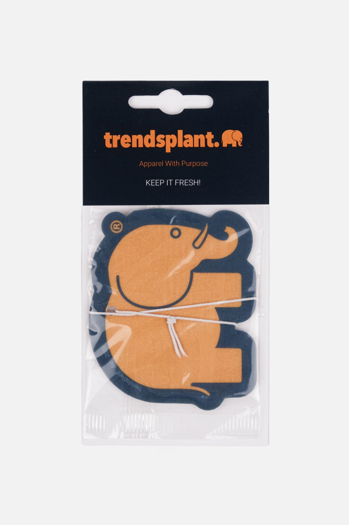Silhouette frontale di un profumatore per auto arancione con logo, a forma di elefante | TP_IMAGE_TYPE=SILHOUETTE_FRONT