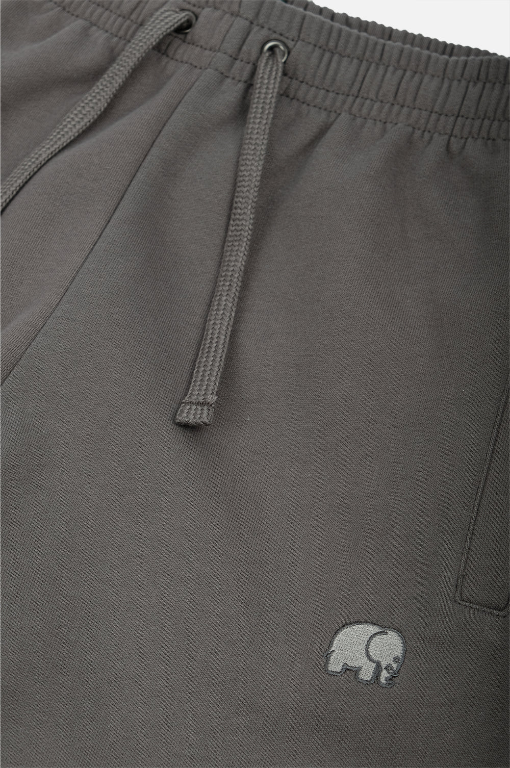Dettaglio ravvicinato dei Organic Essential Sweatpants nella colorazione Thunderstorm, con texture del tessuto e logo ricamato | TP_IMAGE_TYPE=DETAIL