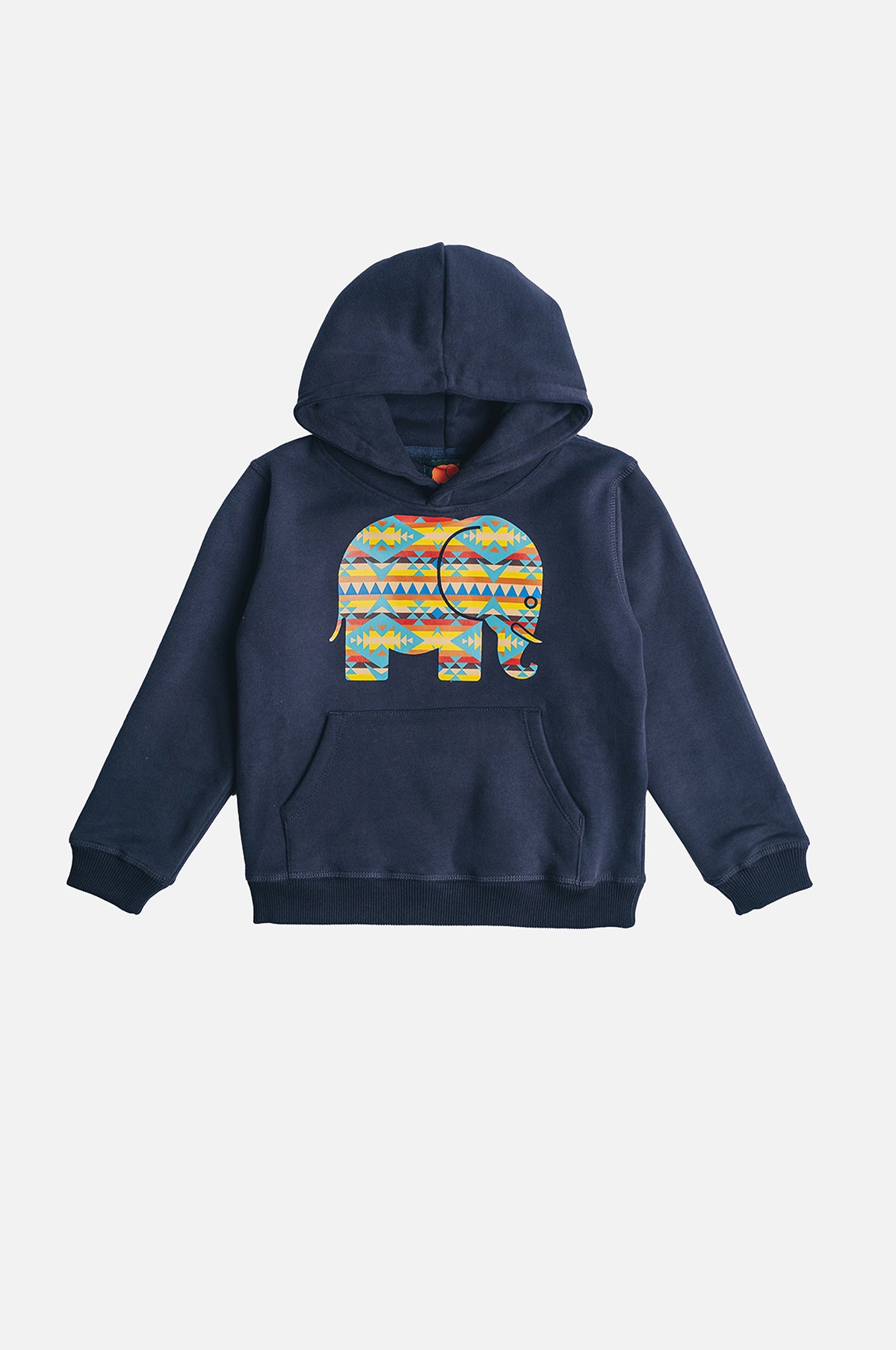 Silhouette frontale del Kid's Navajo Organic Hoodie in blu con grafica di un elefante | TP_IMAGE_TYPE=SILHOUETTE_FRONT