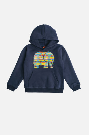 Silhouette de face du sweat à capuche Navajo Bio pour enfant, en bleu, avec un graphisme d'éléphant | TP_IMAGE_TYPE=SILHOUETTE_FRONT