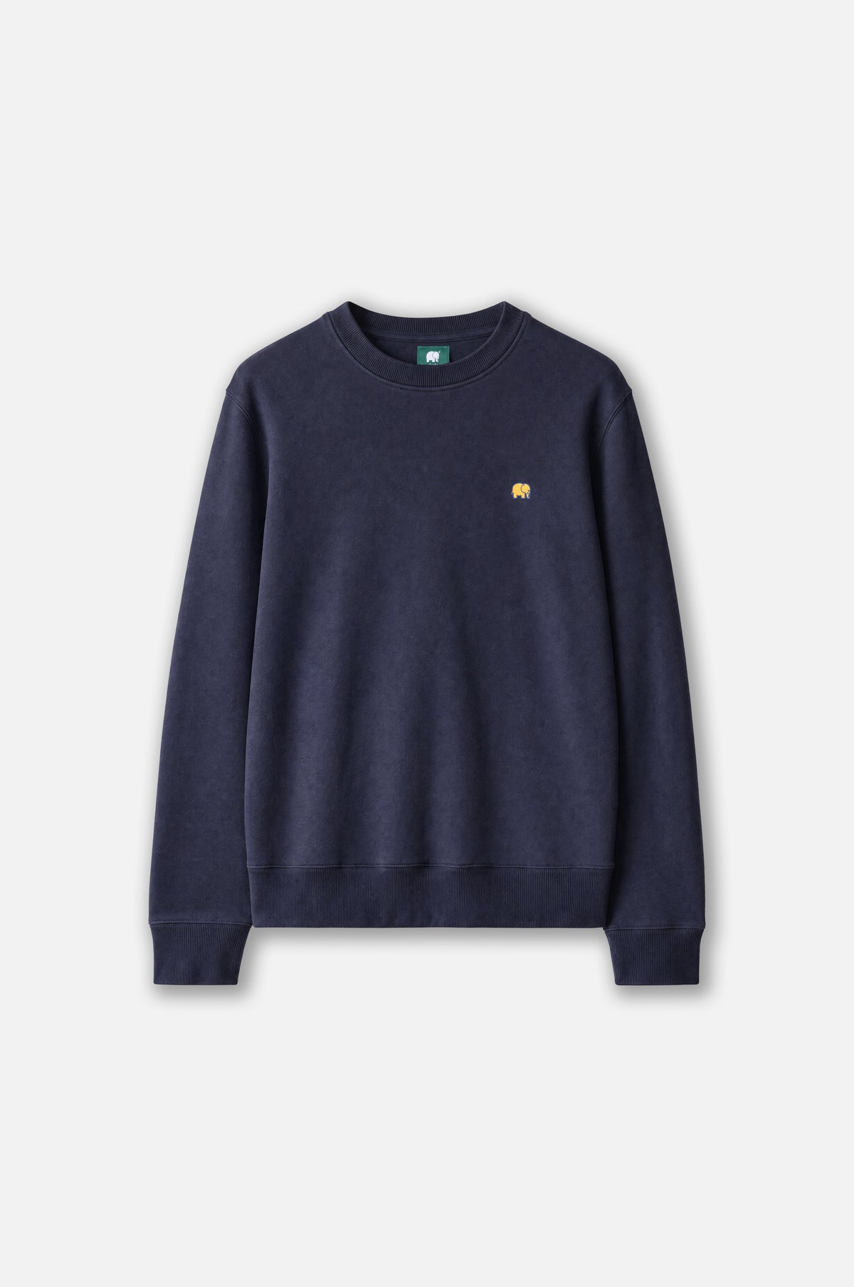 Organic Essential Sweatshirt Trendsplant en bleu avec un logo éléphant unique sur la poitrine | TP_IMAGE_TYPE=SILHOUETTE_FRONT