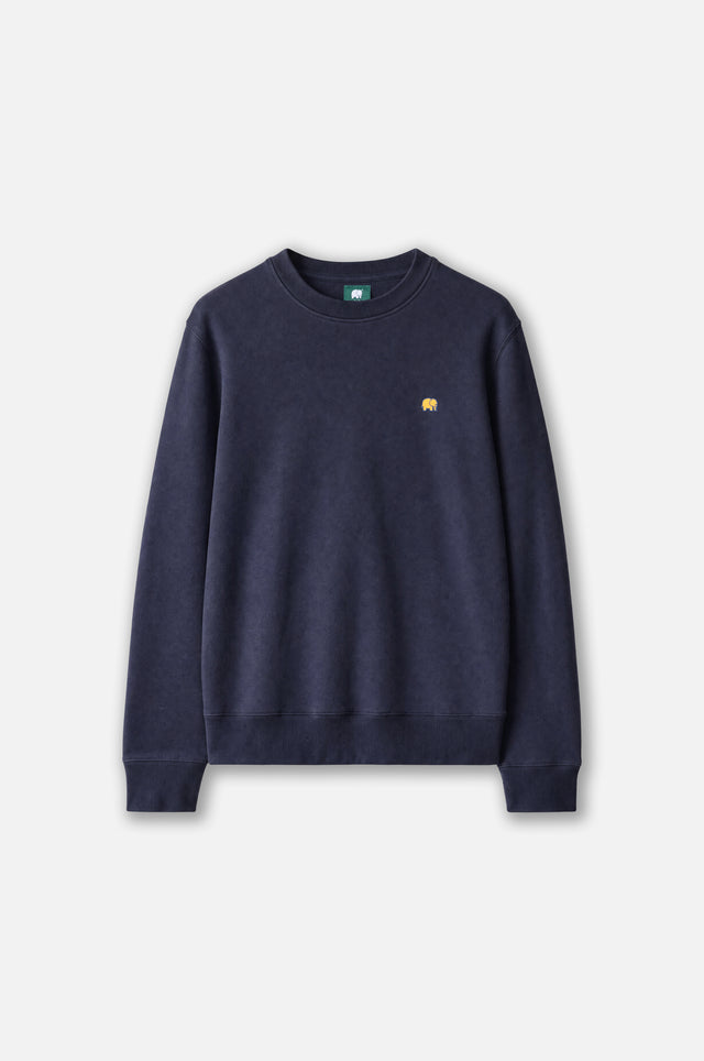 Organic Essential Sweatshirt Trendsplant en bleu avec un logo éléphant unique sur la poitrine | TP_IMAGE_TYPE=SILHOUETTE_FRONT