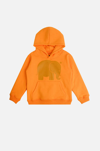 Sweat à capuche classique bio pour enfant, coloris miel, avec une élégante impression d'éléphant sur le devant | TP_IMAGE_TYPE=SILHOUETTE_FRONT