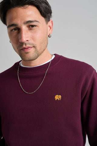 Persona che indossa una felpa Essentials biologica rosso vino, con un piccolo logo elefante ricamato, abbinata a una collana a catena in argento. | TP_IMAGE_TYPE=MODEL_FRONT
