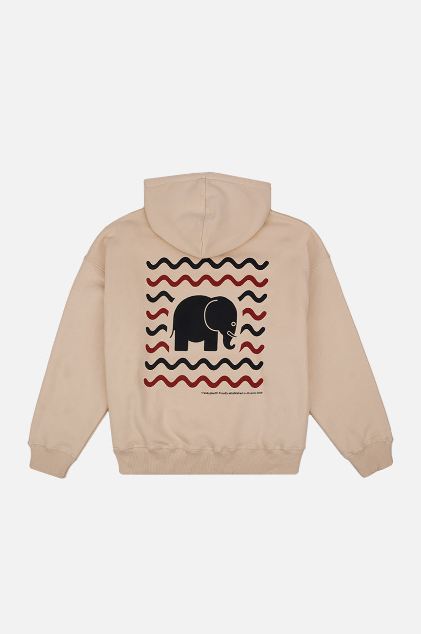 Vue de dos d'un sweat à capuche oversize Explanada Organic pour femme en ivoire, arborant un motif éléphant unique | TP_IMAGE_TYPE=MODEL_BACK