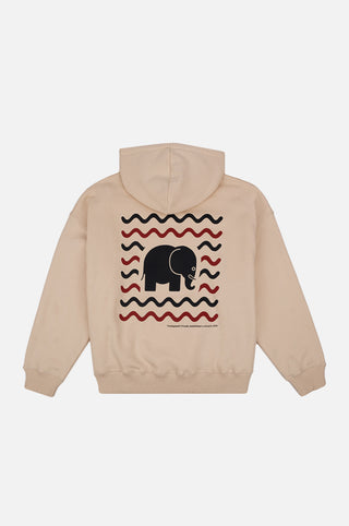 Vista posteriore di una Women's Explanada Organic Oversized Hoodie in Ivory con un'esclusiva stampa di elefanti | TP_IMAGE_TYPE=MODEL_BACK