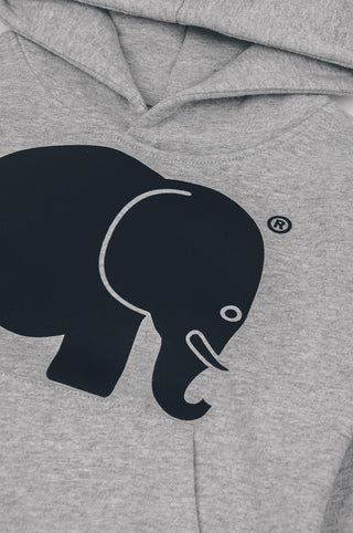 Dettaglio della Kid's Organic Classic Hoodie in Heather Grey con una grafica giocosa di un elefante | TP_IMAGE_TYPE=DETAIL