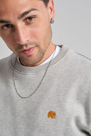 Persona che indossa una Organic Essential Sweatshirt in Heather Grey, con ricamo a forma di elefante; primo piano dello scollo e della zona del petto. | TP_IMAGE_TYPE=MODEL_FRONT