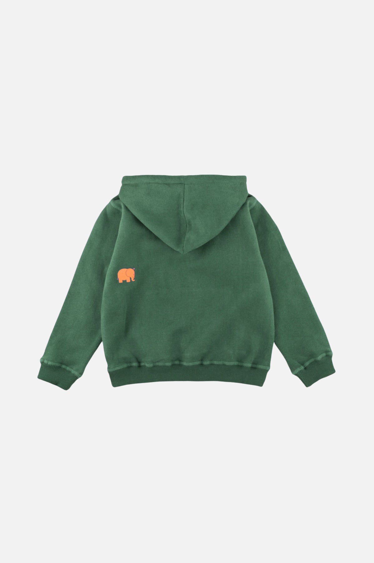 Sweat à capuche classique bio pour enfant en coloris Greener Pastures, avec un motif d'éléphant coloré dans le dos. | TP_IMAGE_TYPE=MODEL_BACK