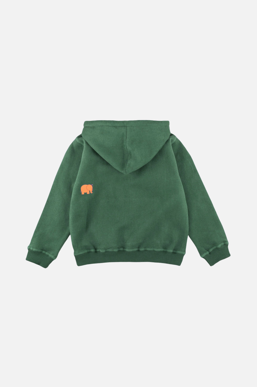 Sweat à capuche classique bio pour enfant en coloris Greener Pastures, avec un motif d'éléphant coloré dans le dos. | TP_IMAGE_TYPE=MODEL_BACK