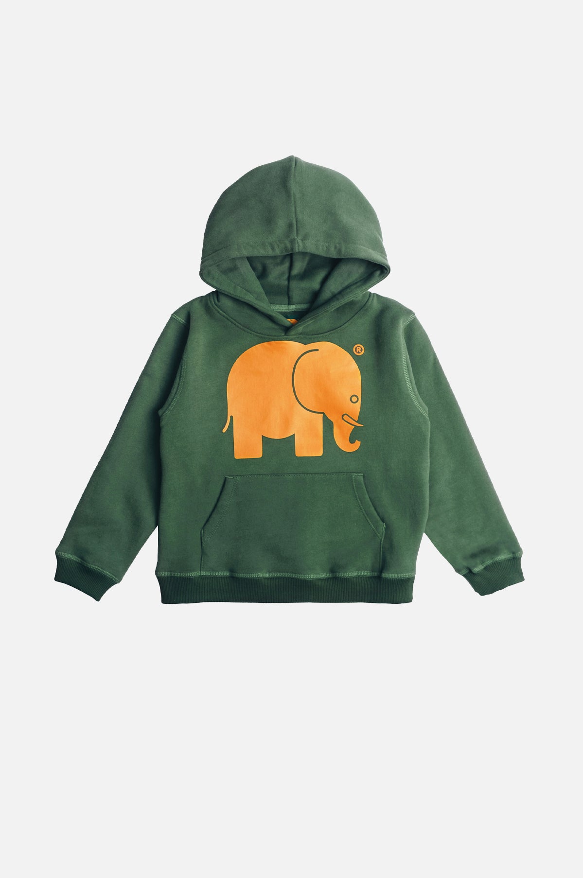 Hoodie classique bio pour enfant en Greener Pastures avec un graphique d'éléphant orange sur le devant | TP_IMAGE_TYPE=SILHOUETTE_FRONT