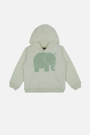 Sweat à capuche classique bio pour enfant, en vert menthe, avec un graphique ludique d'éléphant sur le devant. | TP_IMAGE_TYPE=SILHOUETTE_FRONT