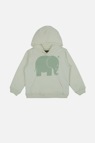 Sweat à capuche classique bio pour enfant, en vert menthe, avec un graphique ludique d'éléphant sur le devant. | TP_IMAGE_TYPE=SILHOUETTE_FRONT