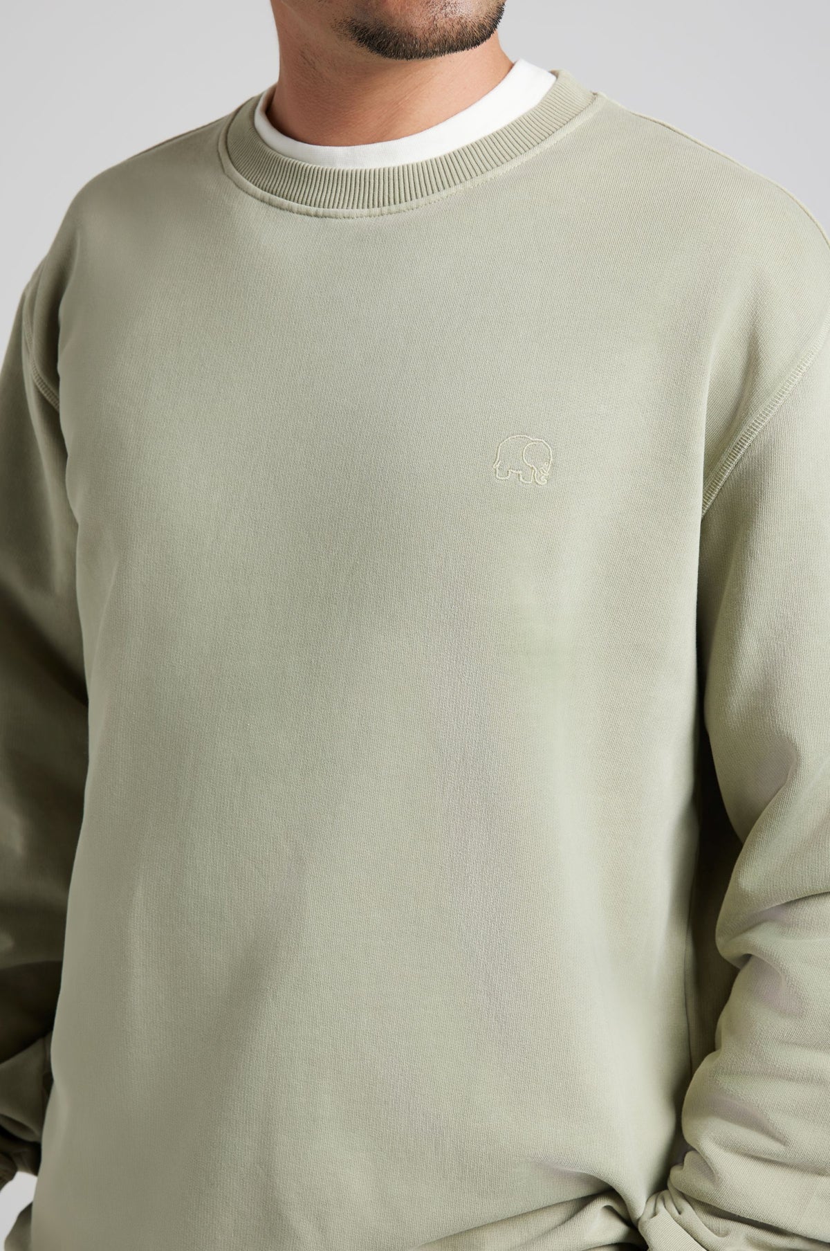 Personne portant un Essential Sunwashed Sweatshirt en coloris Seagrass, avec une encolure ronde et un discret détail logo. | TP_IMAGE_TYPE=MODEL_FRONT