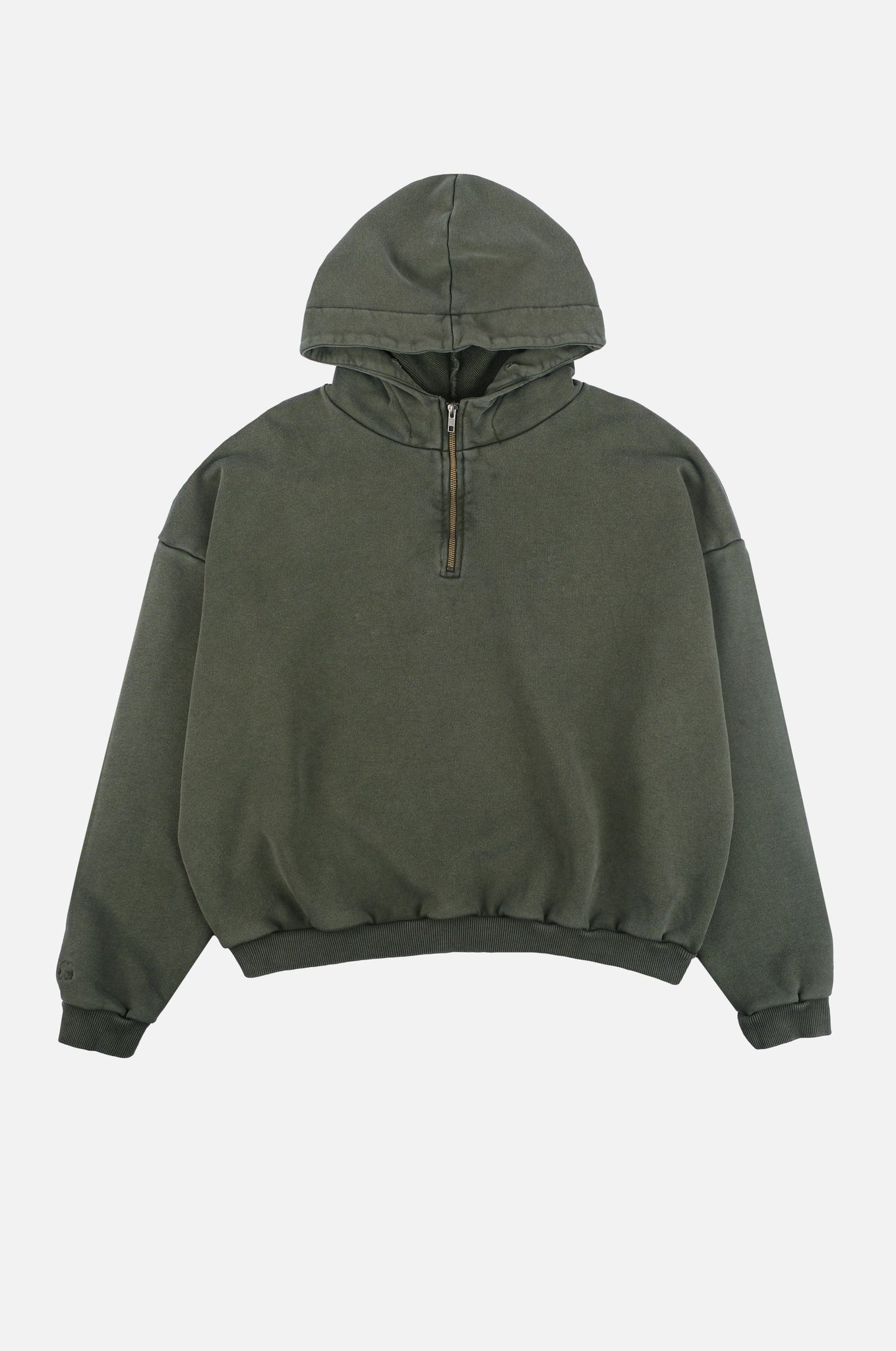 Green hoodie with a quarter zip on a white background