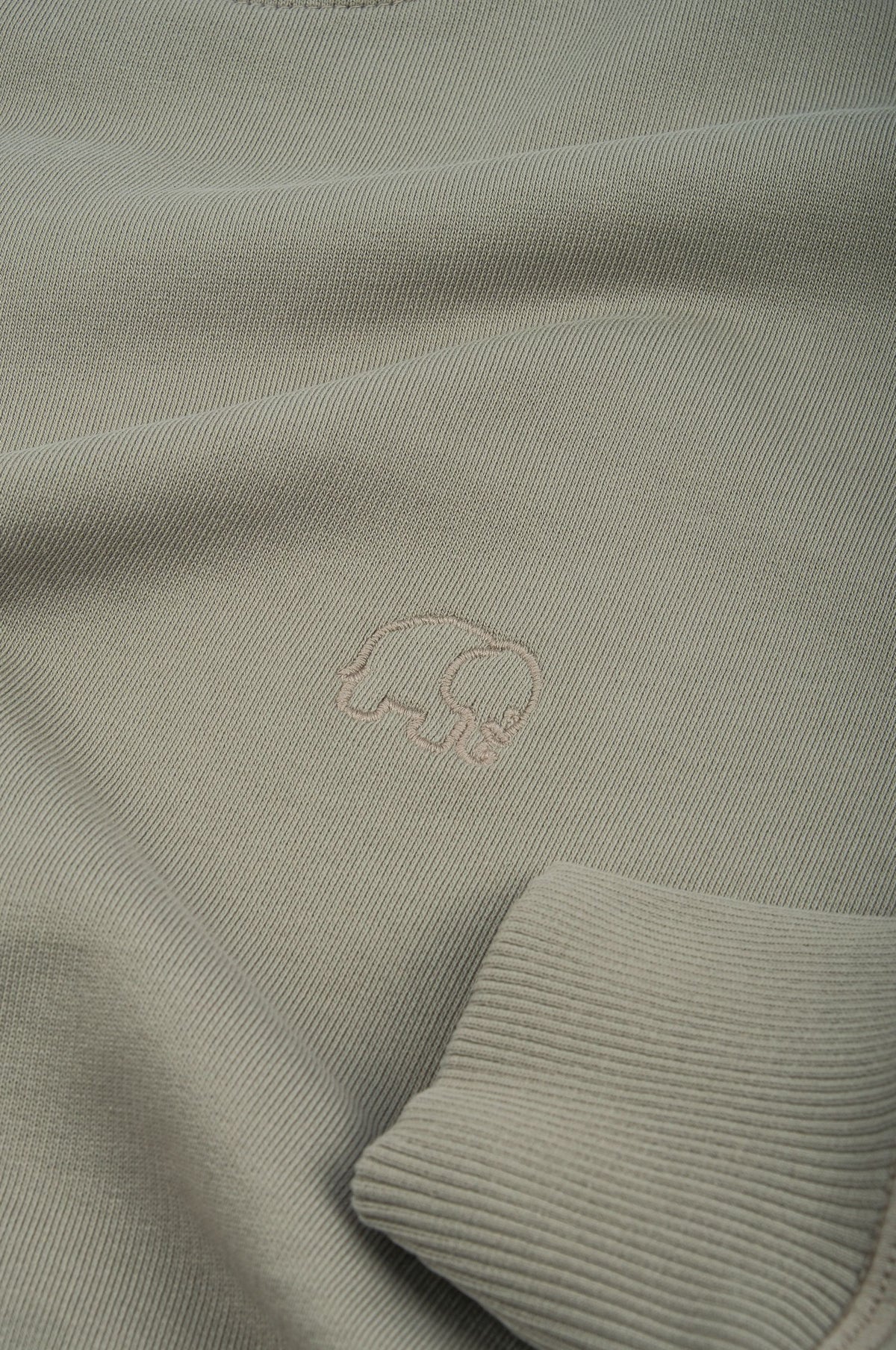 Close-up detail of the Dried Sage heavyweight oversized sweatshirt featuring an embroidered design | TP_IMAGE_TYPE=DETAIL