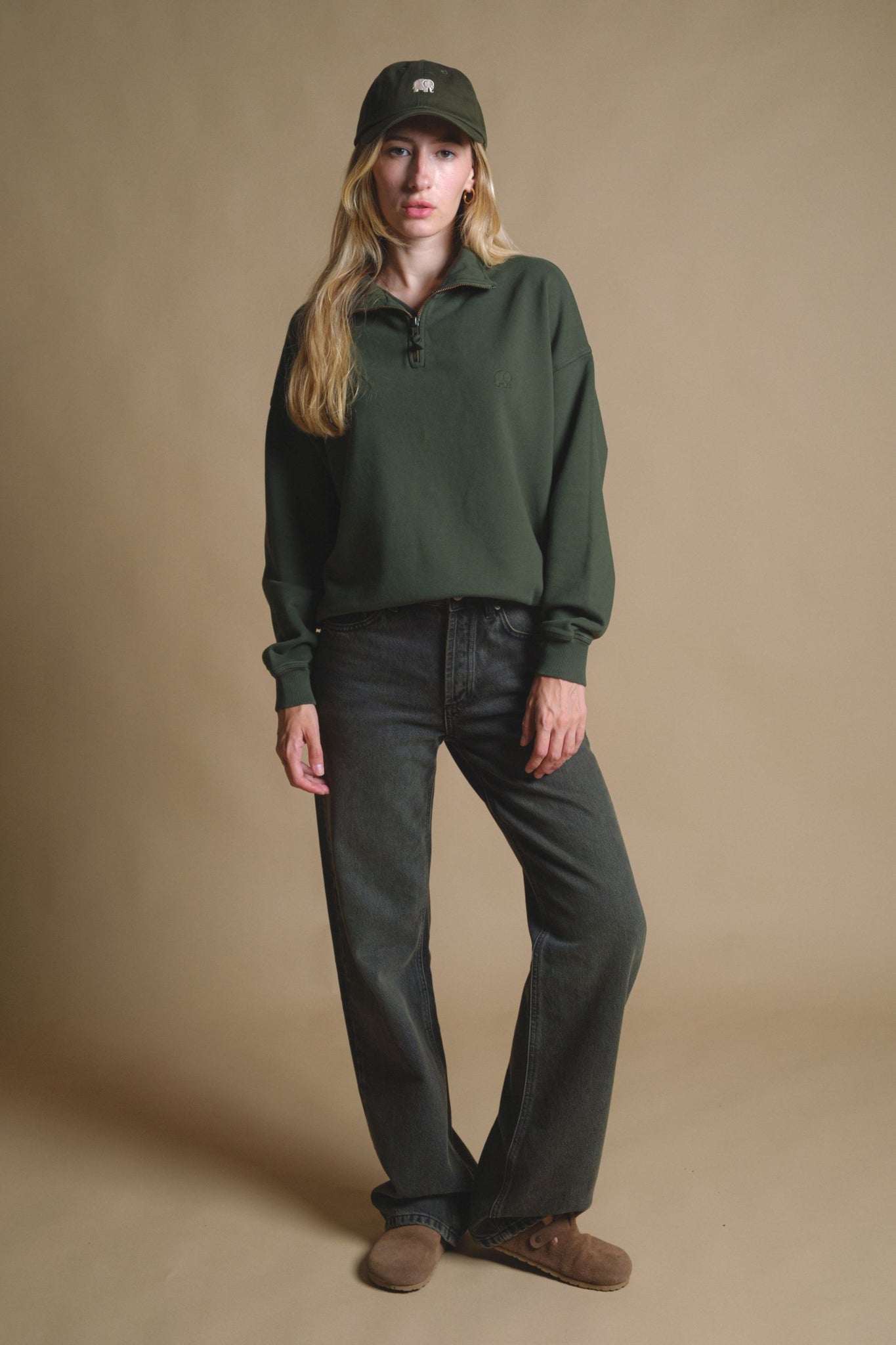Women's Essential Garment Heavyweight Oversized Quater Zip Sweater Kombu Green