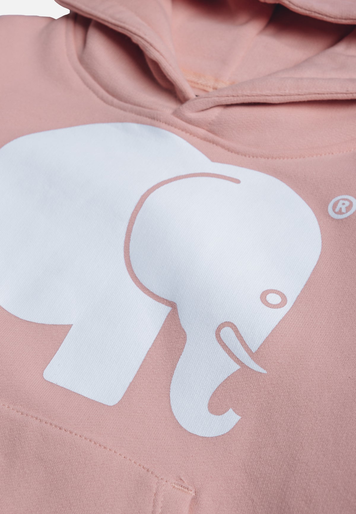 Dettaglio ravvicinato del Kid's Organic Classic Hoodie in rosa pallido che mostra la grafica dell'elefante bianco | TP_IMAGE_TYPE=DETAIL