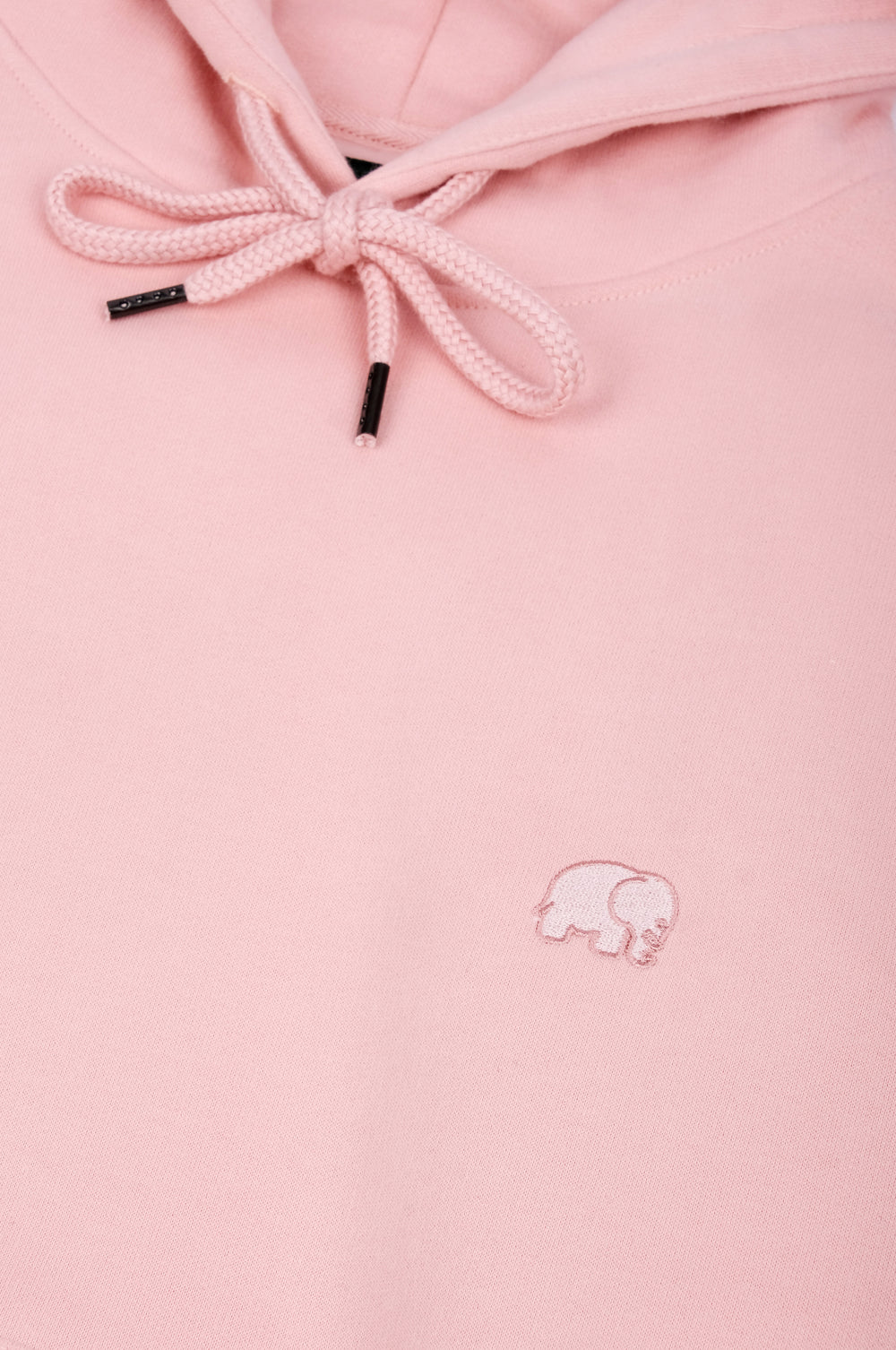 Détail en gros plan du Women's Organic Essential Oversized Hoodie en rose pâle, montrant la capuche et les cordons de serrage | TP_IMAGE_TYPE=DETAIL
