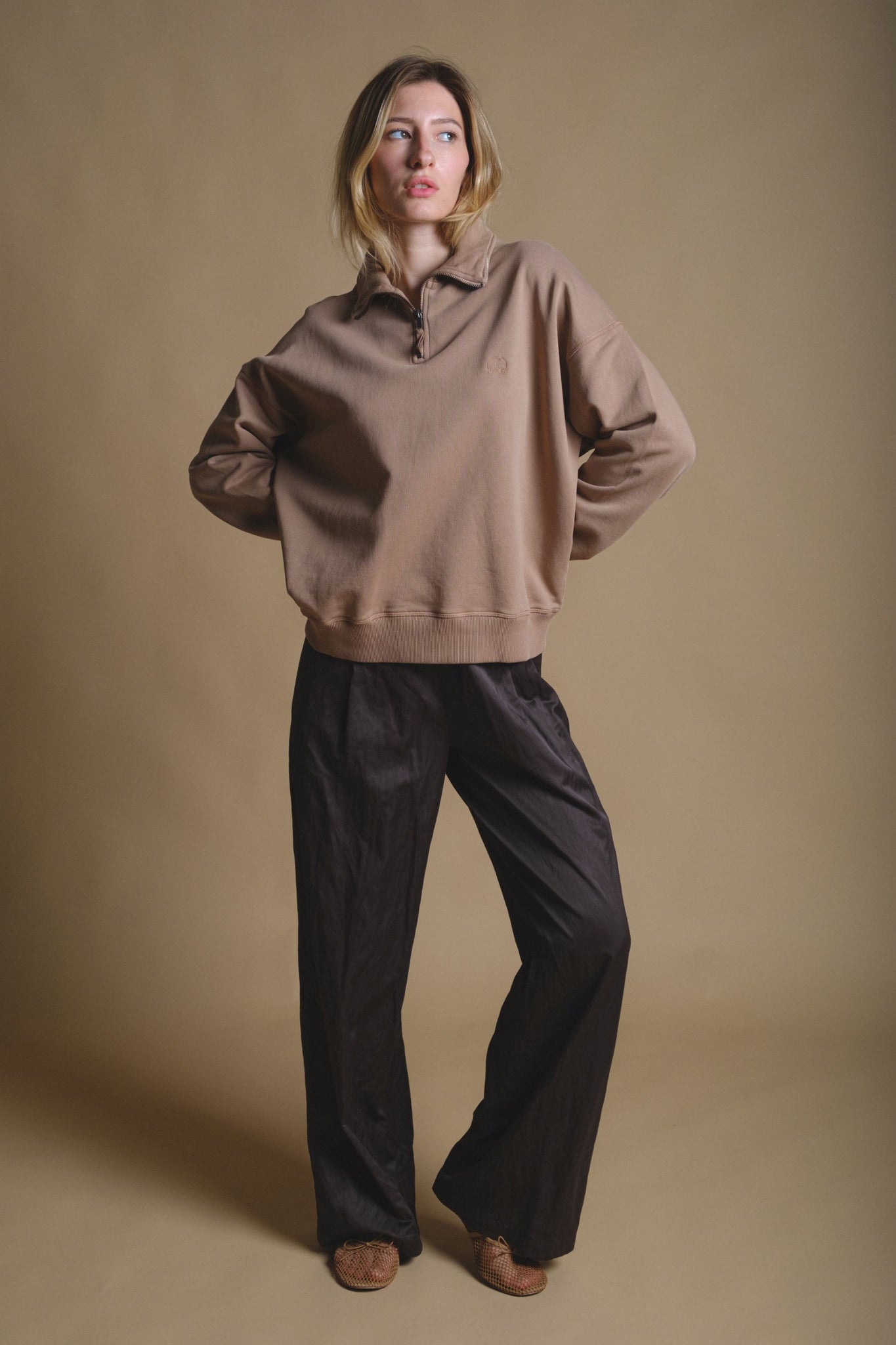 Women's Essential Garment Heavyweight Oversized Quater Zip Sweater Caribou