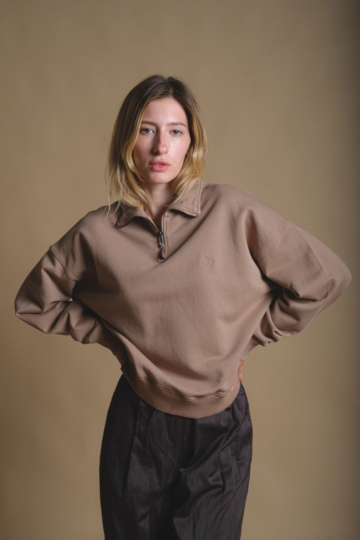 Women's Essential Garment Heavyweight Oversized Quater Zip Sweater Caribou