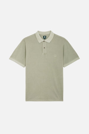Essential Sunwashed Polo in Seagrass color displayed on a ghost mannequin, showcasing the front view with collar and buttons. | TP_IMAGE_TYPE=SILHOUETTE_FRONT