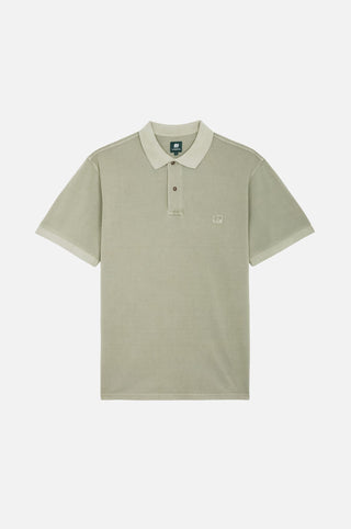 Essential Sunwashed Polo in Seagrass color displayed on a ghost mannequin, showcasing the front view with collar and buttons. | TP_IMAGE_TYPE=SILHOUETTE_FRONT