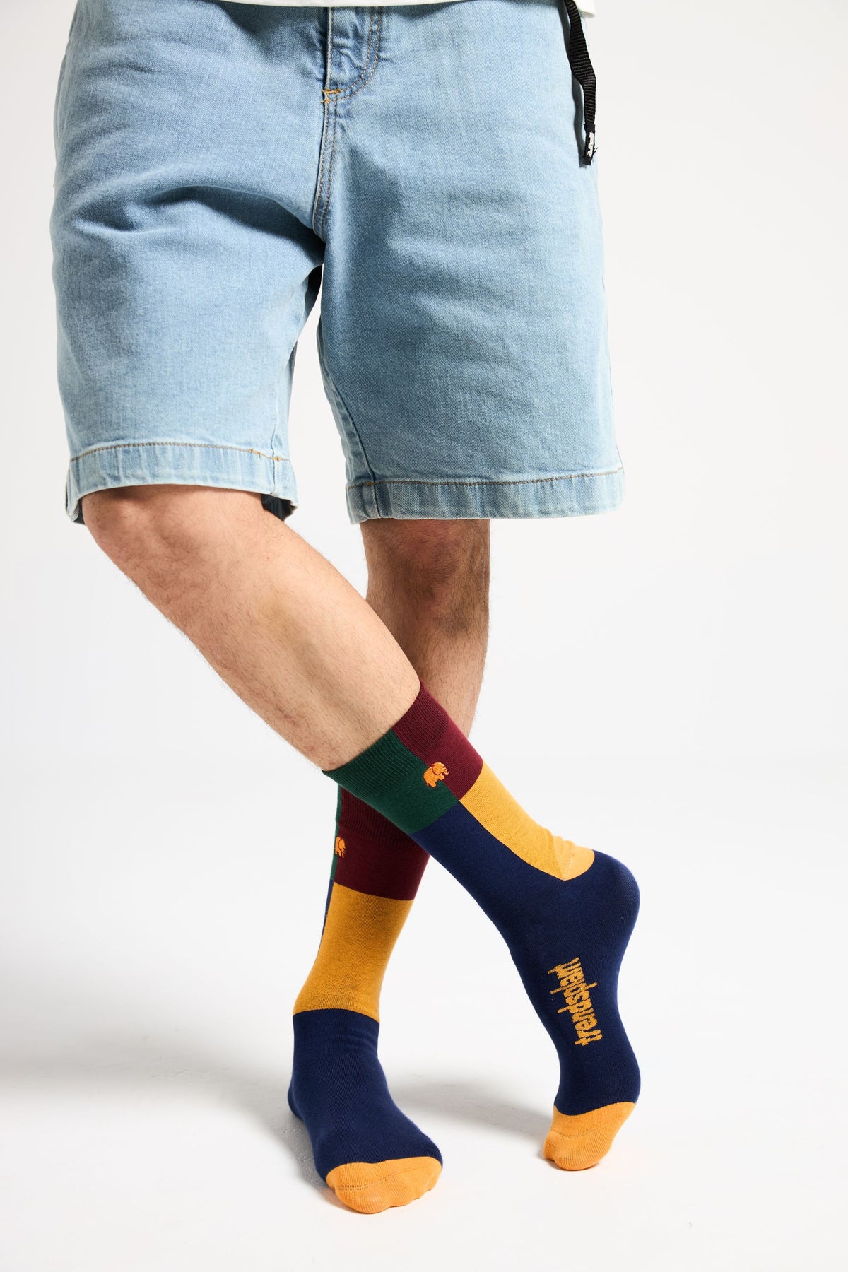 Personne portant des chaussettes Color Block Light Crew Socks Navy avec un design éclatant aux couleurs bleu marine, moutarde, vert et bordeaux | TP_IMAGE_TYPE=MODEL_FRONT