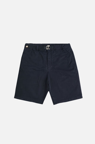 Pantaloncini da arrampicata in cotone Ecodye blu navy, con vista frontale e dettaglio della cintura. | TP_IMAGE_TYPE=SILHOUETTE_FRONT