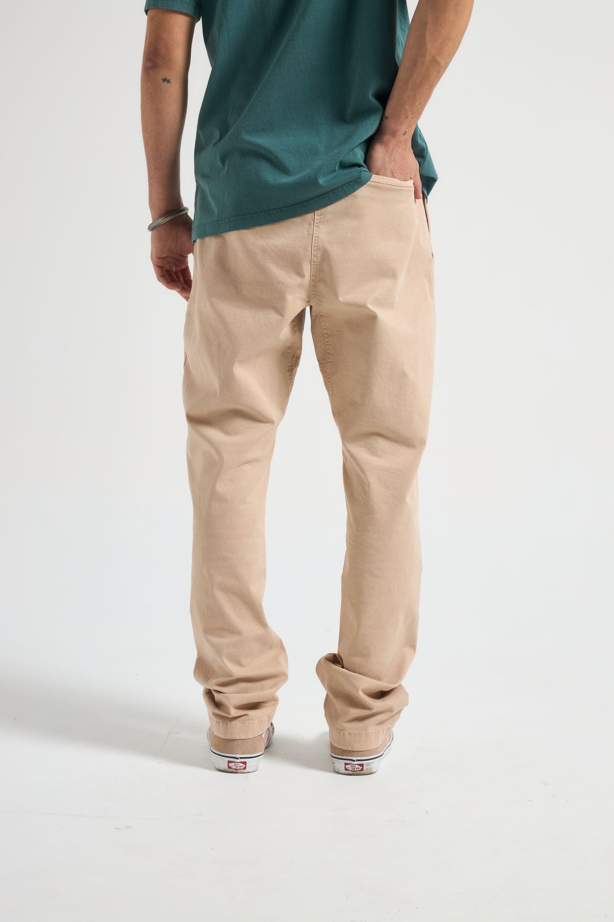 Person wearing Ecodye Cotton Climber Pant Sand back view | TP_IMAGE_TYPE=MODEL_BACK