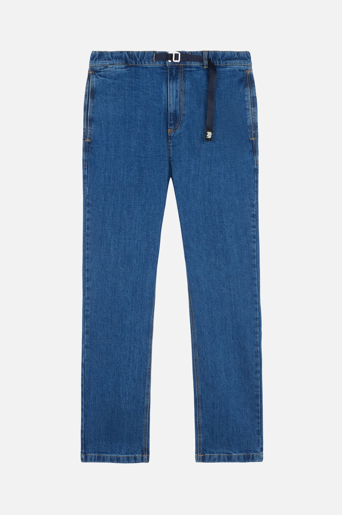 Pantalone climber in denim riciclato in lavaggio medio, visualizzato su sfondo bianco | TP_IMAGE_TYPE=SILHOUETTE_FRONT