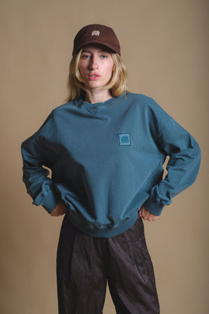 Persona che indossa una Felpa Oversize da Donna Espliego Pigment in Elm Green, vista frontale | TP_IMAGE_TYPE=MODEL_FRONT