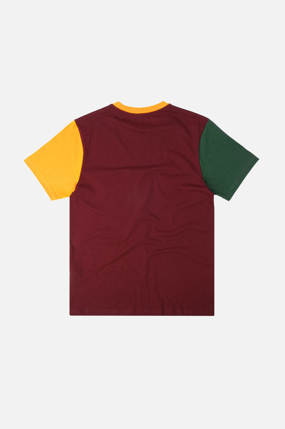 Organic Pocket Color Block T-Shirt in Burgundy featuring a back view showcasing the color-blocked design with yellow and green sleeves | TP_IMAGE_TYPE=MODEL_BACK