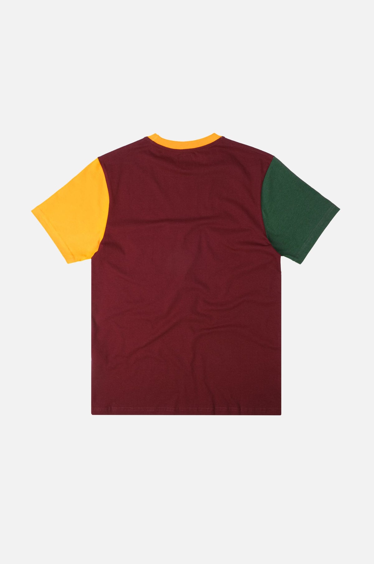 Organic Pocket Color Block T-Shirt in Burgundy featuring a back view showcasing the color-blocked design with yellow and green sleeves | TP_IMAGE_TYPE=MODEL_BACK
