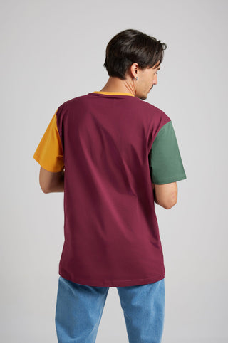 Person wearing an organic pocket color block t-shirt in burgundy, yellow, and green, shown from the back | TP_IMAGE_TYPE=MODEL_BACK