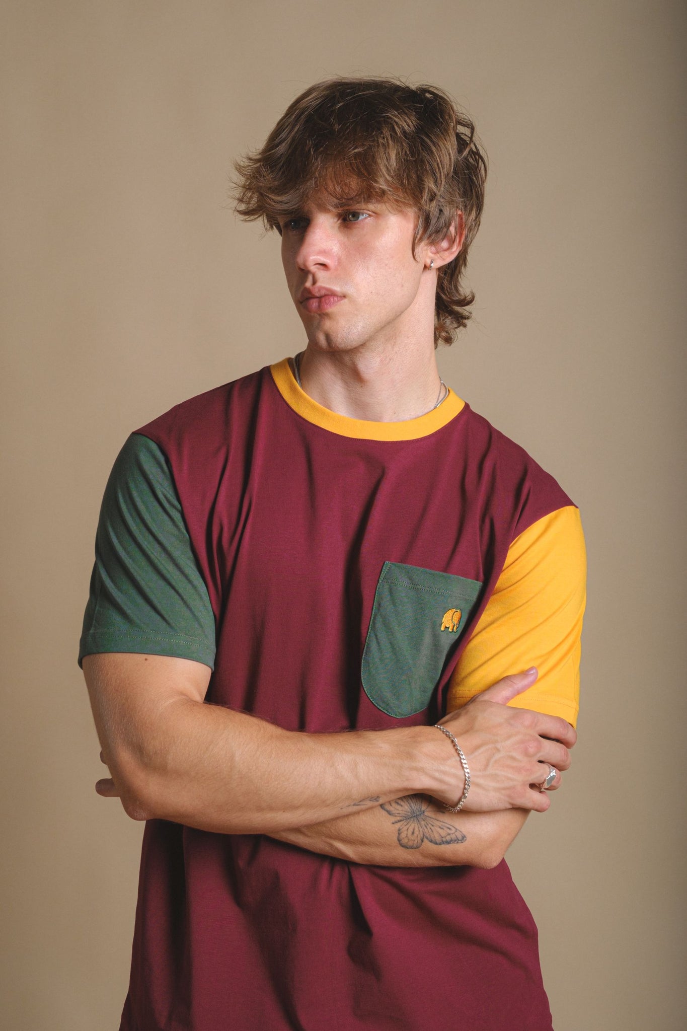 Camiseta Bolsillo Color Block Burgundy