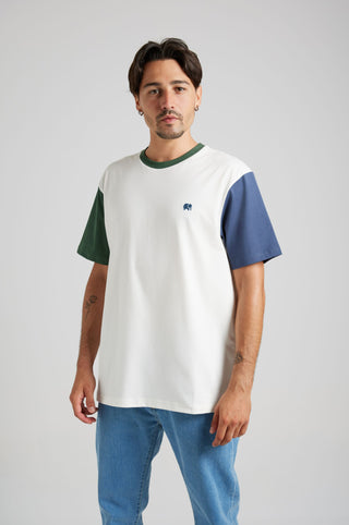 Persona che indossa una Organic Color Block T-Shirt in Natural con maniche verdi e blu, abbinata a jeans azzurri. | TP_IMAGE_TYPE=MODEL_FRONT