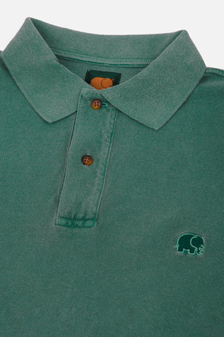 Close-up detail of Organic Pigment Dyed Polo Shirt in Eden Green, showcasing the collar and buttons | TP_IMAGE_TYPE=DETAIL