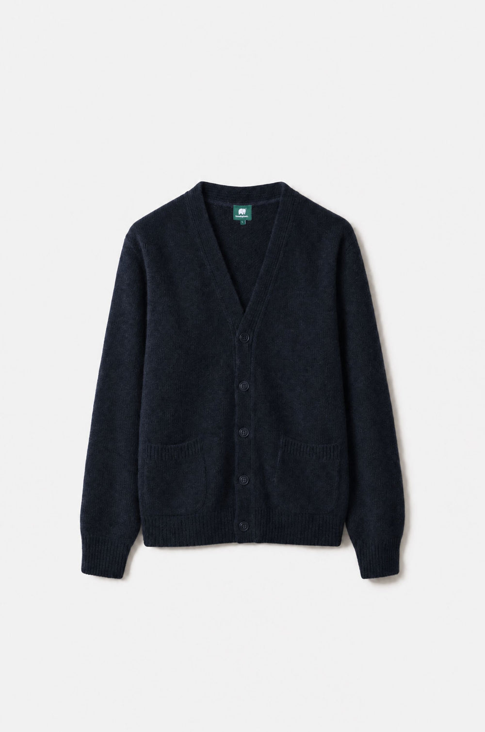 Relleu Cardigan en Dark Navy présenté sur une surface plane, avec une encolure en V et deux poches avant. | TP_IMAGE_TYPE=SILHOUETTE_FRONT