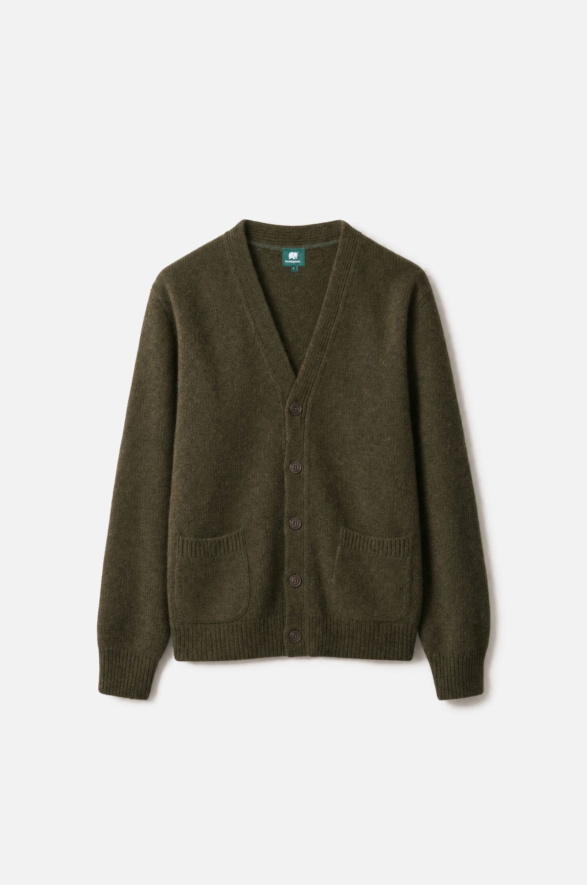 Relleu Cardigan in Ivy Green, con scollo a V, abbottonatura frontale e due tasche frontali | TP_IMAGE_TYPE=SILHOUETTE_FRONT