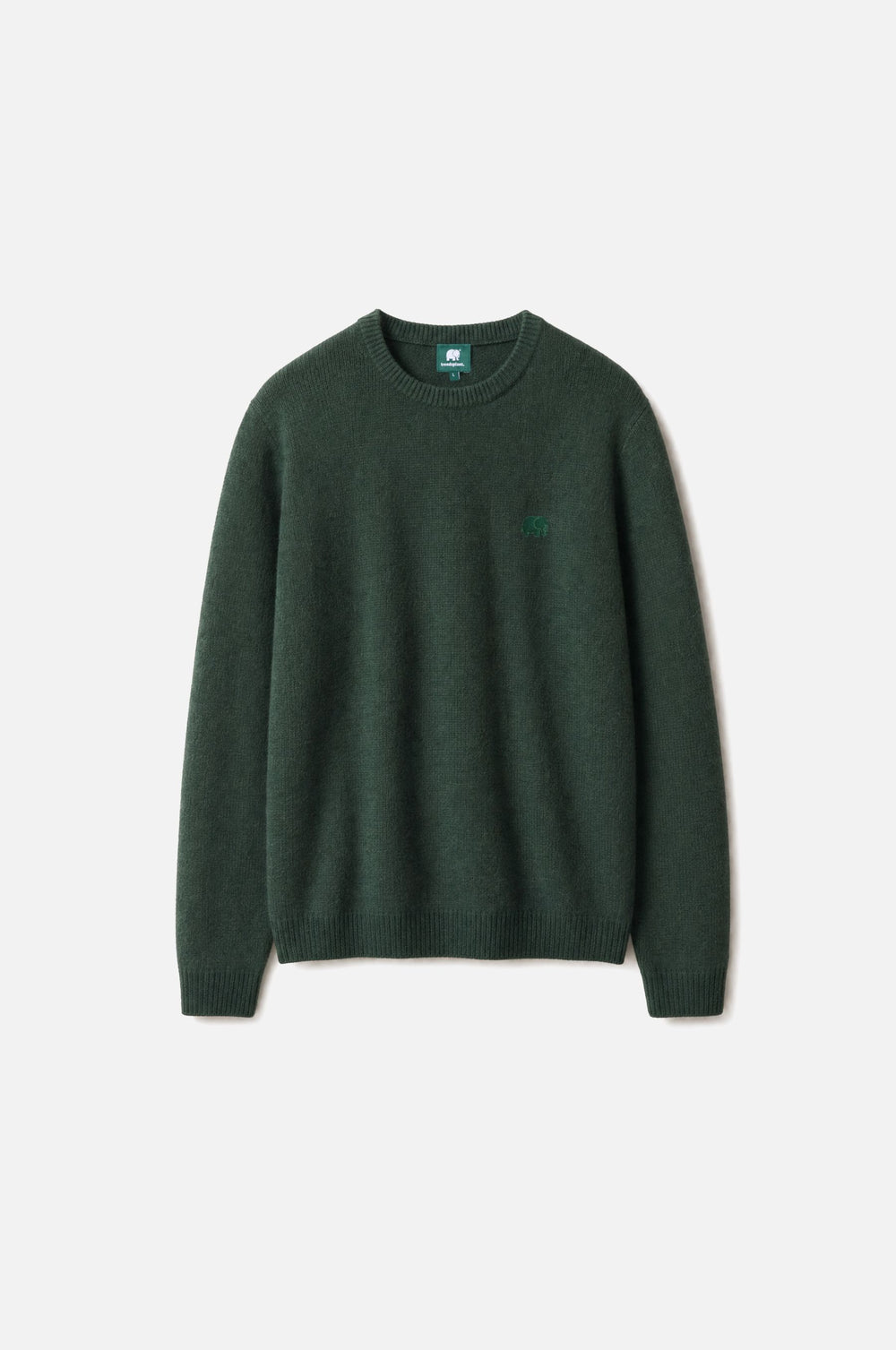 Sella Knit in Pine Green, con classico girocollo e maniche lunghe, presentato su sfondo bianco. | TP_IMAGE_TYPE=SILHOUETTE_FRONT